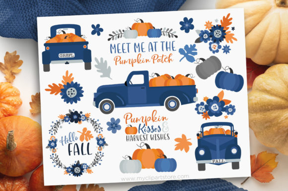 Navy Blue Pumpkin Truck Fall Autumn Graphics