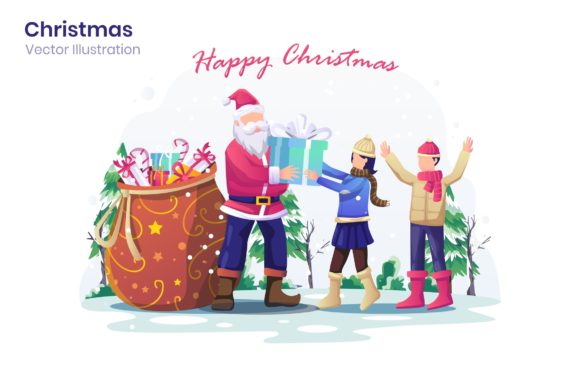 Santa Gives Gift to Kids Graphics