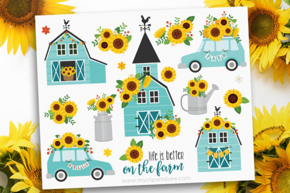 Sunflower Farm House Blue Graphics